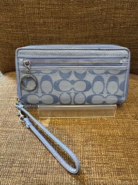 Coach Light Blue Signature Jacquard Wristlet Wallet